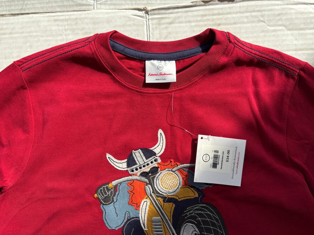 NWT Hanna Andersson Get Appy Tee Boys 150/US12 Viking Motorcycle Long Sleeve Red